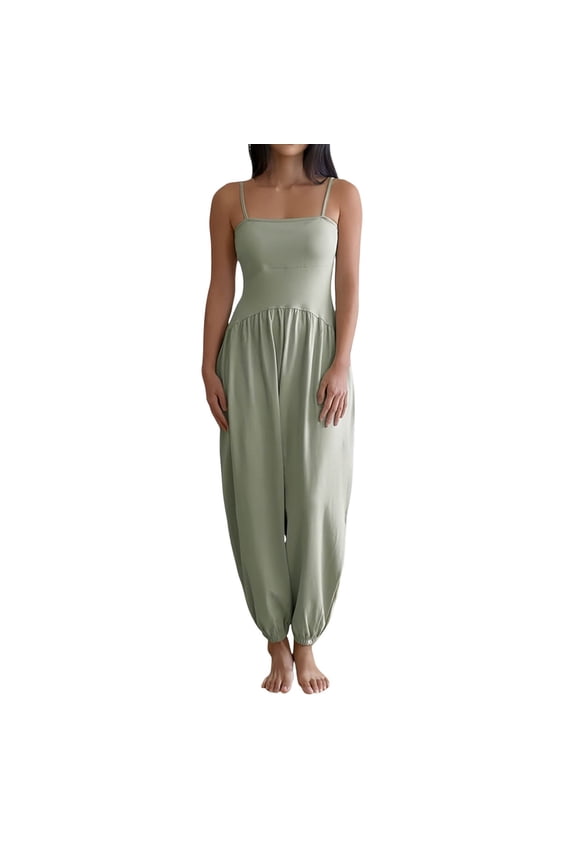 Women's Ribbed Tube Backless Spaghetti Straps Jumpsuit - Wide Leg Yoga Romper with Side Pockets, Casual Sexy Style