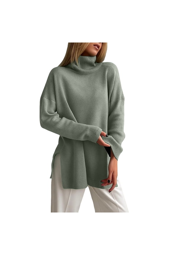 Women's Ribbed Tunic Sweater Oversized Turtleneck Long Sleeve Pullover (Army Green, M)