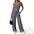 thumbnail image 1 of Women's Ribbed Two Piece Set, Square Neck Crop Top and High Waist Wide Leg Pants Set, Casual Summer Outfit with Side Pockets, Fashion Two Piece Outfit for Going Out Outfits Grey, 1 of 8