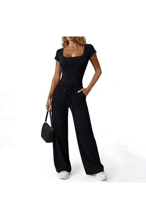 Women's Ribbed Two Piece Set, Square Neck Crop Top and High Waist Wide Leg Pants Set, Casual Summer Outfit with Side Pockets, Fashion Two Piece Outfit for Going Out Outfits Black