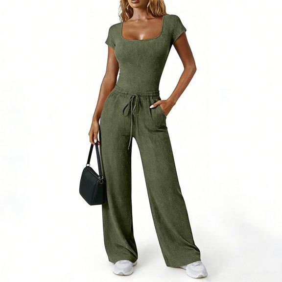 Women's Ribbed Two Piece Set, Square Neck Crop Top and High Waist Wide Leg Pants Set, Casual Summer Outfit with Side Pockets, Fashion Two Piece Outfit for Going Out Outfits Army Green