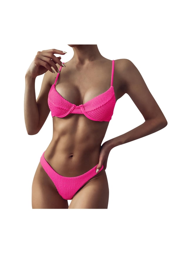 Women's Ribbed Underwire Bikini High Cut Bikini V Notch Smocked Swimwear Contrast Solid High Leg Bikini Swimsuit