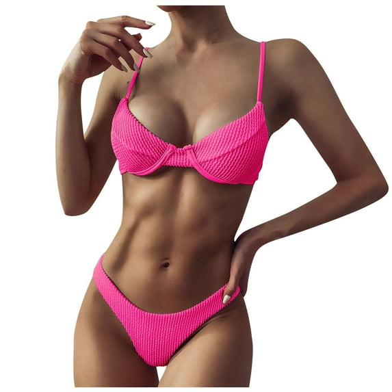 Women's Ribbed Underwire Bikini High Cut Bikini V Notch Smocked Swimwear Contrast Solid High Leg Bikini Swimsuit