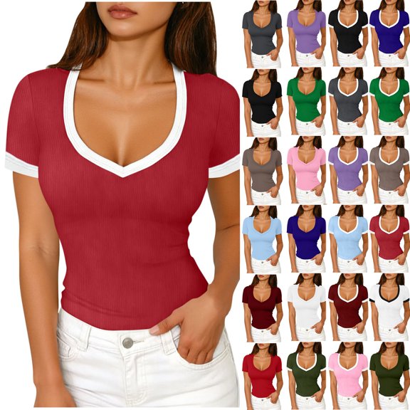 Women’s Ribbed V Neck Short Sleeve T Shirt Slim Fit Stretchy Knit Basic Top Casual Summer Soft Lightweight Tee for Daily Wear, Work, Travel & Streetwear