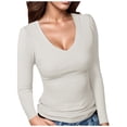 thumbnail image 1 of Women's Ribbed V Neck Slim Fitted T-Shirts Basic Solid Long Sleeve Layering Tee Top for Casual and Stylish Outfits, 1 of 5