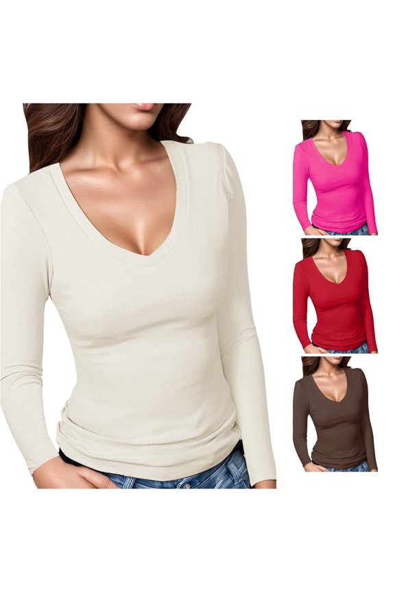 Women's Ribbed V Neck Slim Fitted T Shirts Basic Solid Long Sleeve Layering Tee Tops Long Sleeve Compression Shirt Mod Bod Tops Woman T Shirt Short Sleeve Summer Sports Women Pack of Turtle Neck Top