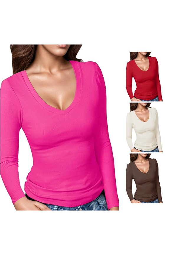 Women's Ribbed V Neck Slim Fitted T Shirts Basic Solid Long Sleeve Layering Tee Tops Long Sleeve Compression Shirt Mod Bod Tops Woman T Shirt Short Sleeve Summer Sports Women Pack of Turtle Neck Top