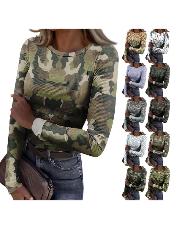 Women's Ribbed Vintage Floral Tile Print Long Sleeve Top, Round Neck Slim Fit Casual Fall Winter Shirt