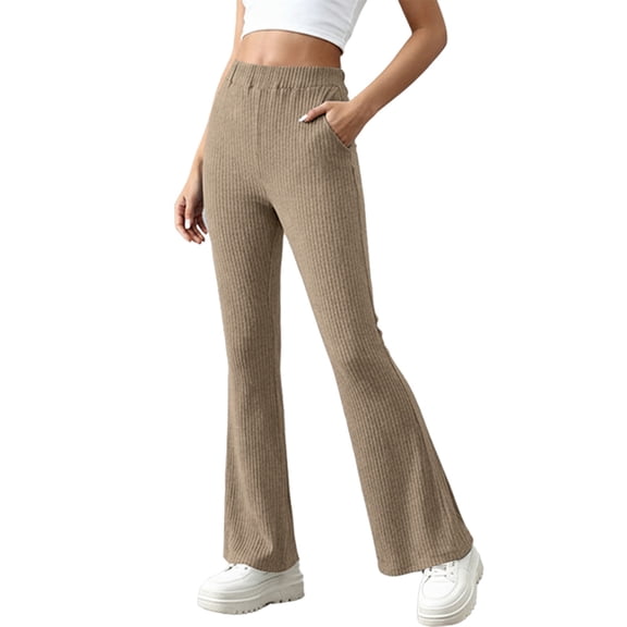 Women's Ribbed Wide Leg Bell Bottom Pants, Solid Color Casual Relaxed Pants with Pockets, Soft Comfortable Loose Fit High Waist Pants for Yoga, Beach and Daily Wear Khaki XXL