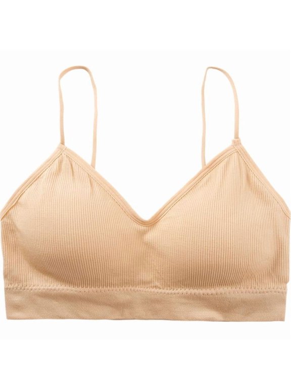 Women’s Ribbed Wire-Free Camisole Bra, Nude, One Size, V neckline, nylon, slim shoulder straps, for daily layering, sleep, travel