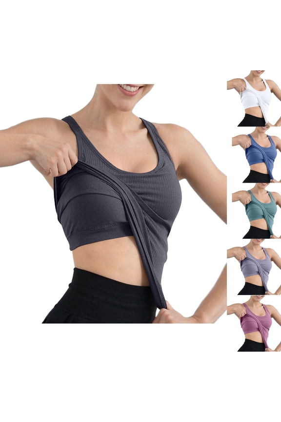 Women's Ribbed Workout Tank Top with Built In Bra Tight Racerback Athletic Top, Scoop Neck Seamless Fitness Vest, Padded High Elasticity Gym Camisole, Moisture Wicking Longline Yoga Support Bralette
