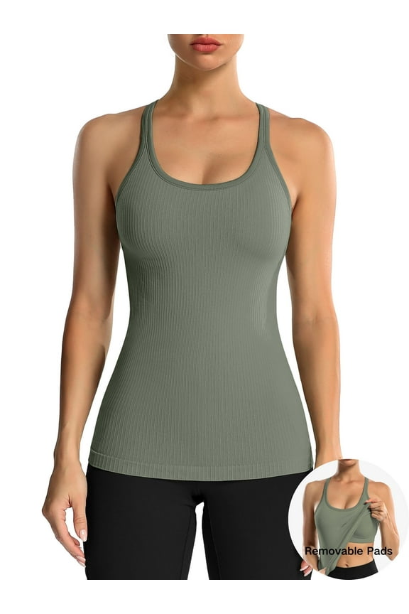 Women's Ribbed Workout Tank Tops with Built in Bra Racerback Athletic Top