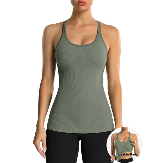 ANFERRY Women's Ribbed Workout Tank Tops with Built in Bra Racerback Athletic Top