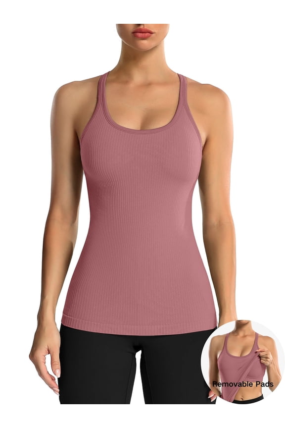 ANFERRY Women's Ribbed Workout Tank Tops with Built in Bra Racerback Athletic Top
