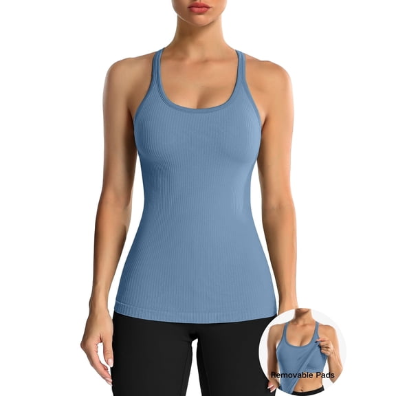 ANFERRY Women's Ribbed Workout Tank Tops with Built in Bra Racerback Athletic Top