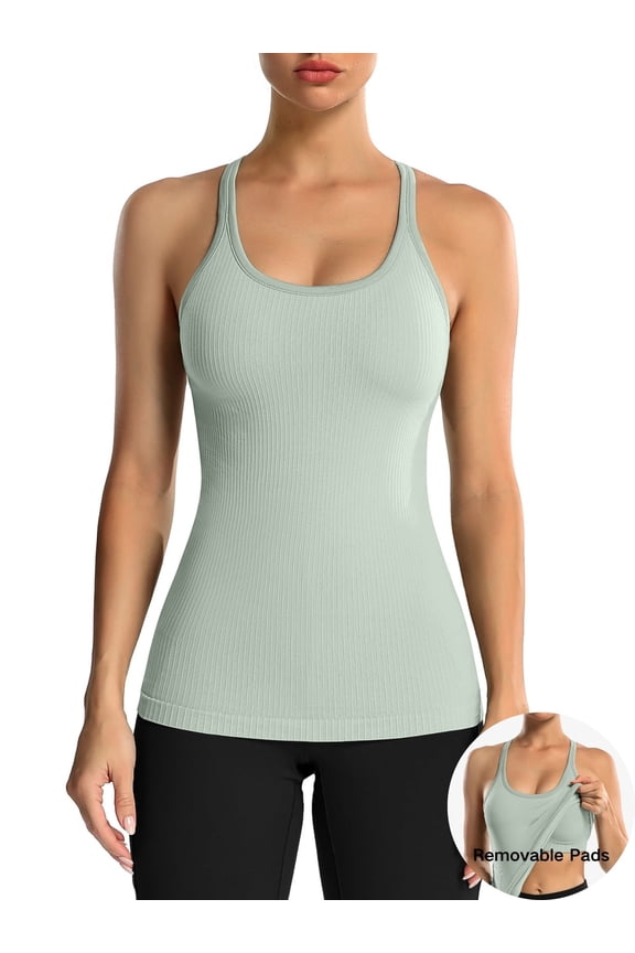 Women's Ribbed Workout Tank Tops with Built in Bra Racerback Athletic Top