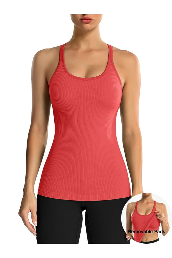 Women's Ribbed Workout Tank Tops with Built in Bra Racerback Athletic Top