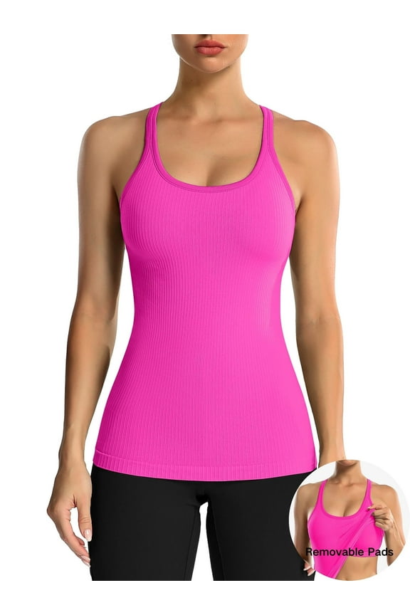 Women's Ribbed Workout Tank Tops with Built in Bra Racerback Athletic Top