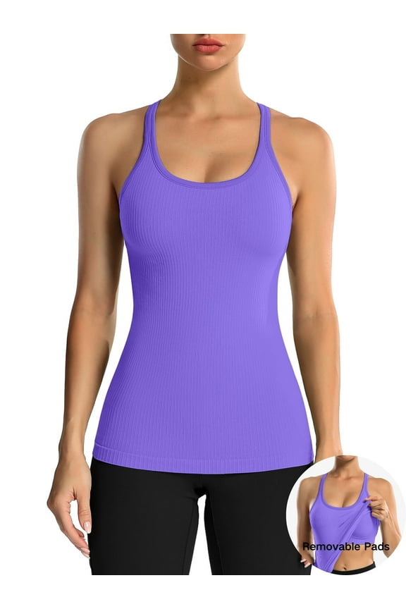 Women's Ribbed Workout Tank Tops with Built in Bra Racerback Athletic Top