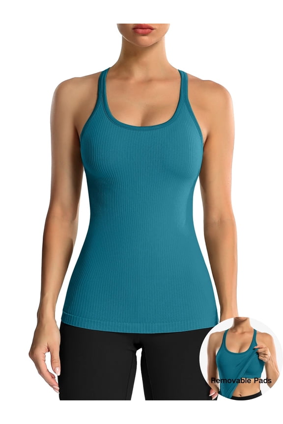 ANFERRY Women's Ribbed Workout Tank Tops with Built in Bra Racerback Athletic Top