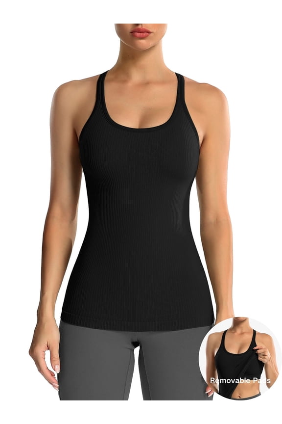Women's Ribbed Workout Tank Tops with Built in Bra Racerback Athletic Top