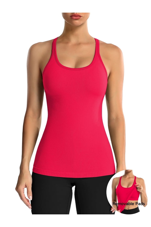 Women's Ribbed Workout Tank Tops with Built in Bra Racerback Athletic Top