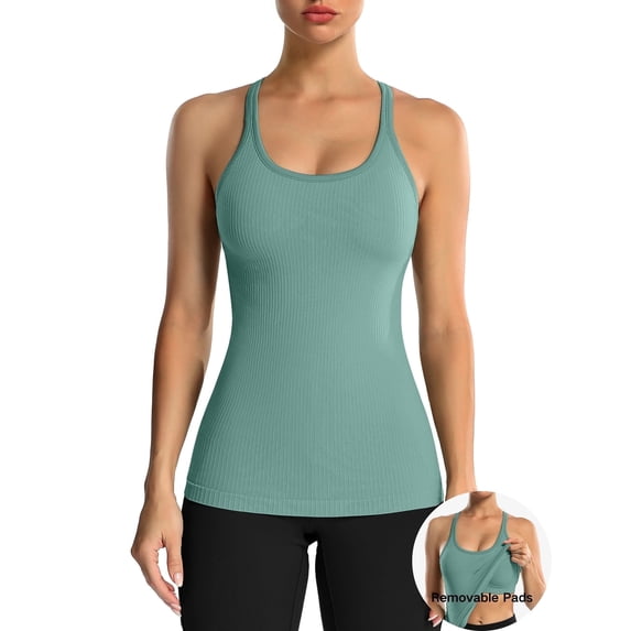 ANFERRY Women's Ribbed Workout Tank Tops with Built in Bra Racerback Athletic Top
