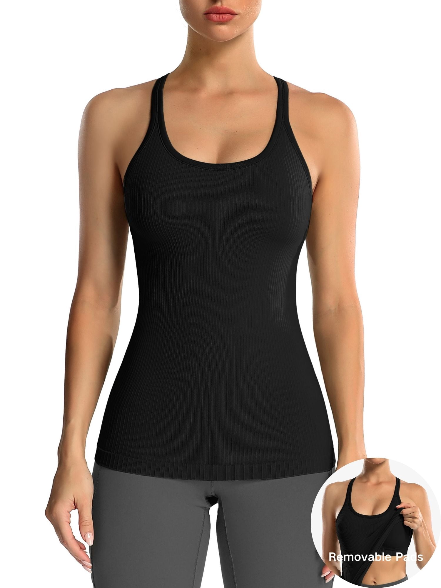 Women's Ribbed Workout Tank Tops with Built in Bra Racerback Athletic Top