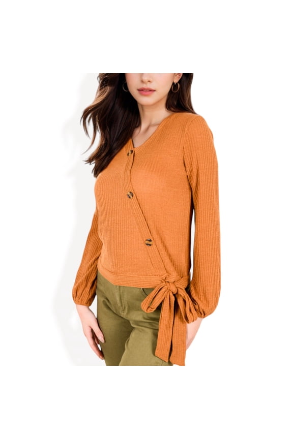Women's Ribbed Wrap Top with Side Tie and Button Details - X Large, Brown