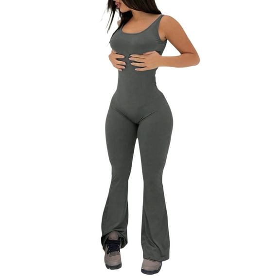 Women's Ribbed Yoga Jumpsuit - Sleeveless Crew Neck One-Piece with Flare Bell Bottoms for Workout and Casual Wear