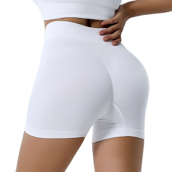 Women's Ribbed Yoga Shorts High Waisted Stretch Workout Shorts Solid Color Seamless Skinny Running Athletic Tigh Pants White,S