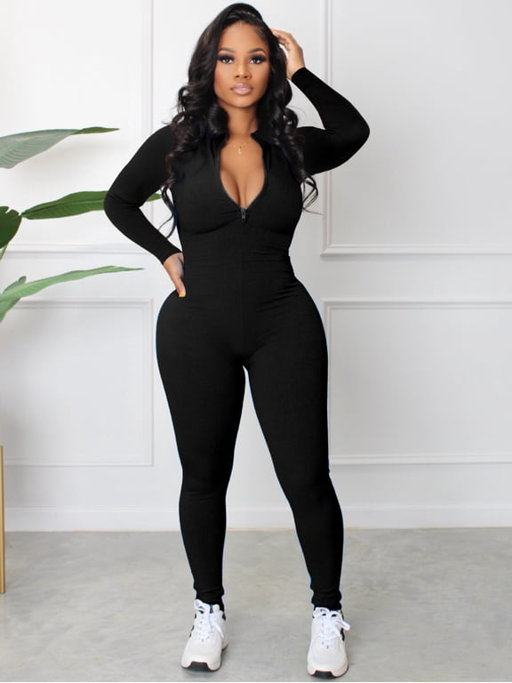 Women's Ribbed Zip Front Jumpsuit, Long Sleeve One Piece Workout Bodysuit for Fitness and Activewear