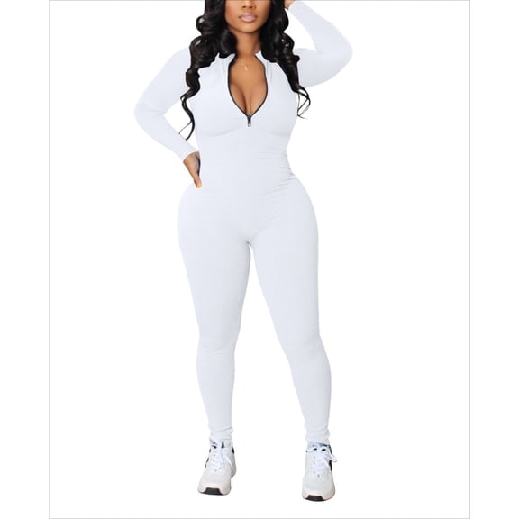Women’s Ribbed Zip-Up Jumpsuit, Stretch One-Piece Athletic Bodysuit with Long Sleeves, Slim-Fit Rib Texture Sports Romper for Daily Wear, Training, Lounge & Street Style