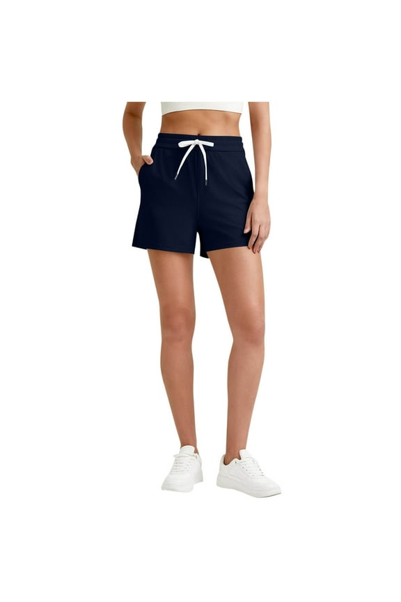 Women's Ribber Knit Shorts, Loose Casual Loungewear Summer Short Pants, Drawstring Elastic Waist Stretchy Comfy Beach Shorts with Pockets Dark Blue L