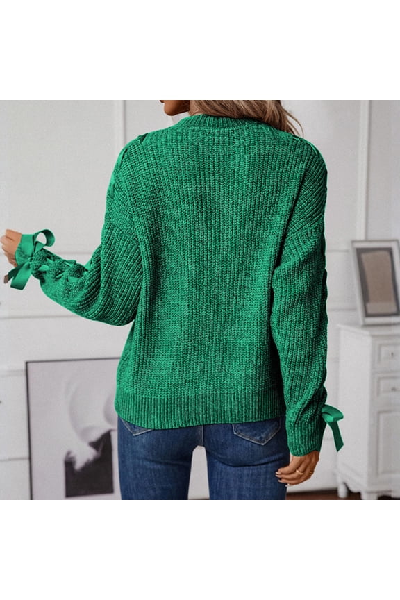 Women's Ribbon Tie Detail Sweater, Bow Accent Knit Pullover, Loose Fit Crewneck Top, Decorative Tie Front Blouse, Casual Bowknot Long Sleeve Sweater for Women Green M