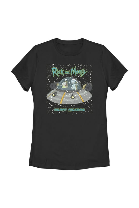 Women's Rick And Morty Snowing Spaceship Merry Rickmas Graphic Tee Black Medium