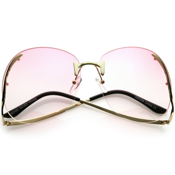 Women's Rimless Oversize Sunglasses Curved Metal Arms Round Color Tinted Lens 67mm (Gold / Pink Gradient)