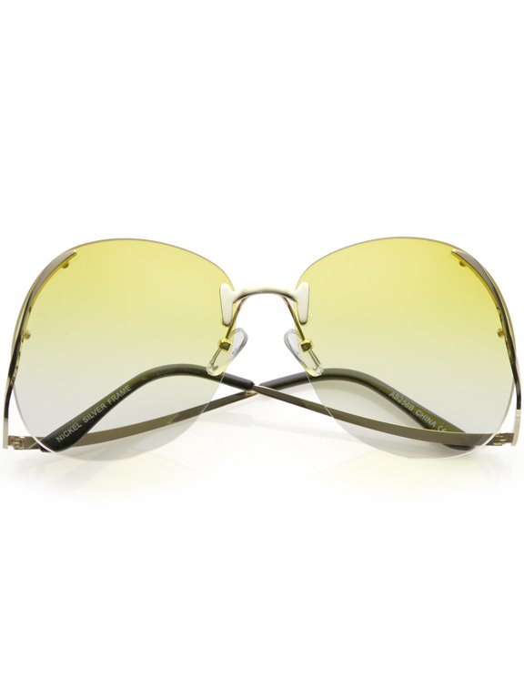 Women's Rimless Oversize Sunglasses Curved Metal Arms Round Color Tinted Lens 67mm (Gold / Yellow Gradient)