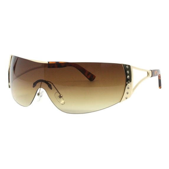 Women's Rimless Shield Sunglasses Rhinestone Star Design UV400 Gold, Brown