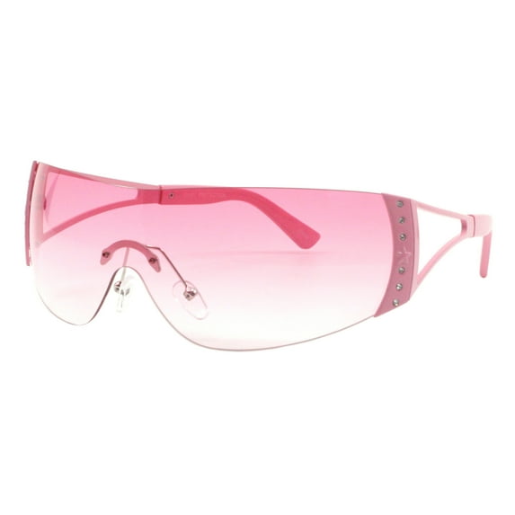 Women's Rimless Shield Sunglasses Rhinestone Star Design UV400 Pink, Pink