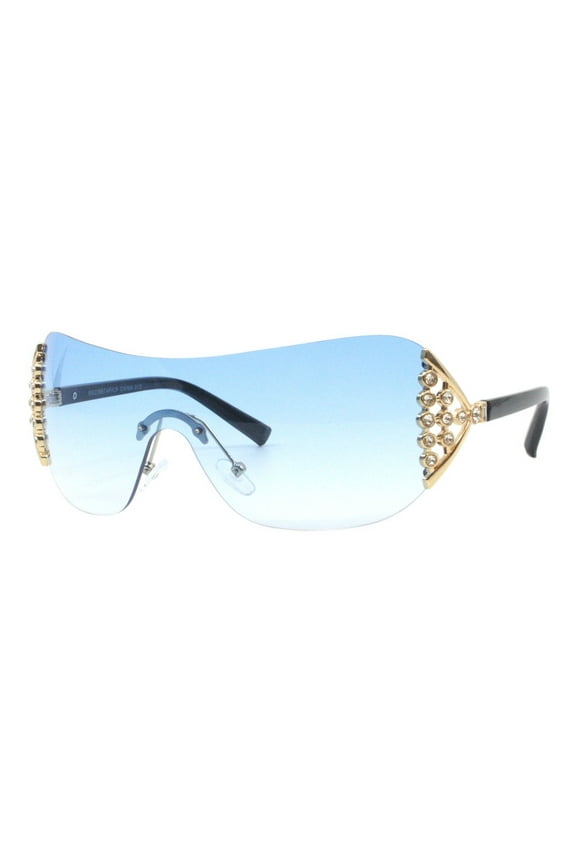 Women's Rimless Shield Sunglasses Rhinestones Sides UV400 Blue