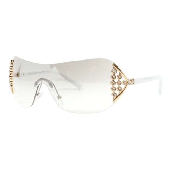 Women's Rimless Shield Sunglasses Rhinestones Sides UV400 Clear