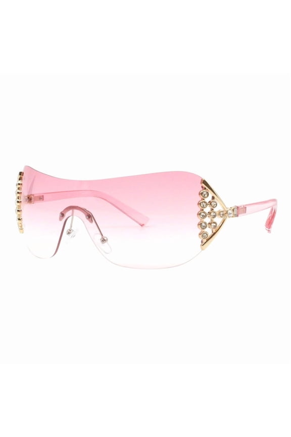 Women's Rimless Shield Sunglasses Rhinestones Sides UV400 Pink