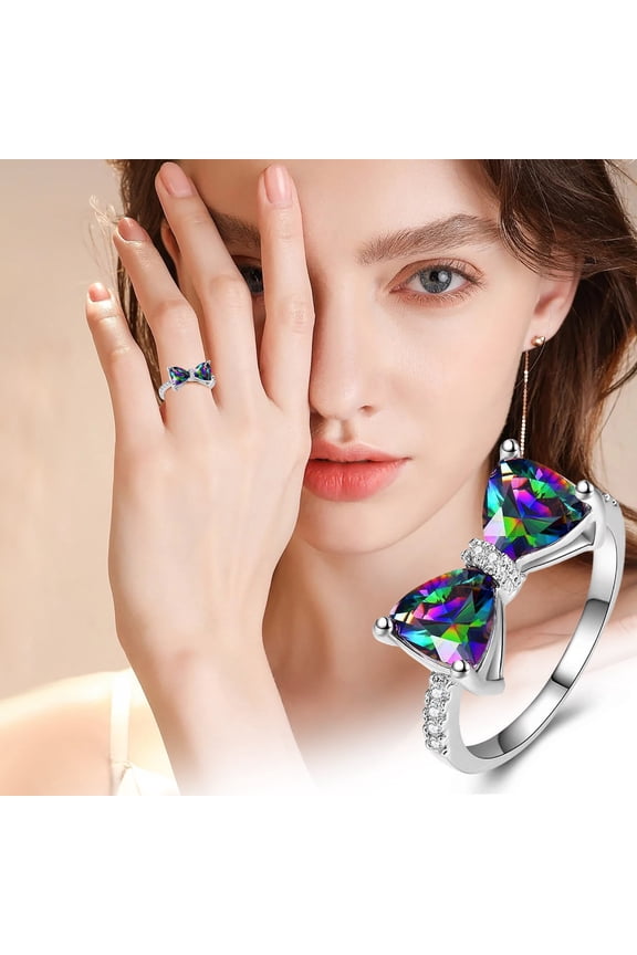 Women's Ring under $5! Bzdzmqm Alloy Inlaid With Colorful Stones Fashion, Women's Ring European And American Jewelry, Bow Ring Adjustable Size For Women, Elegant Costume Jewelry Gift Idea, Vintage