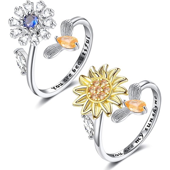 Women‘s Ring  Anxiety Relieving Ring Set  Sunflower Butterfly Bee Star Moon Stress Relieving Rotating Adult Ring