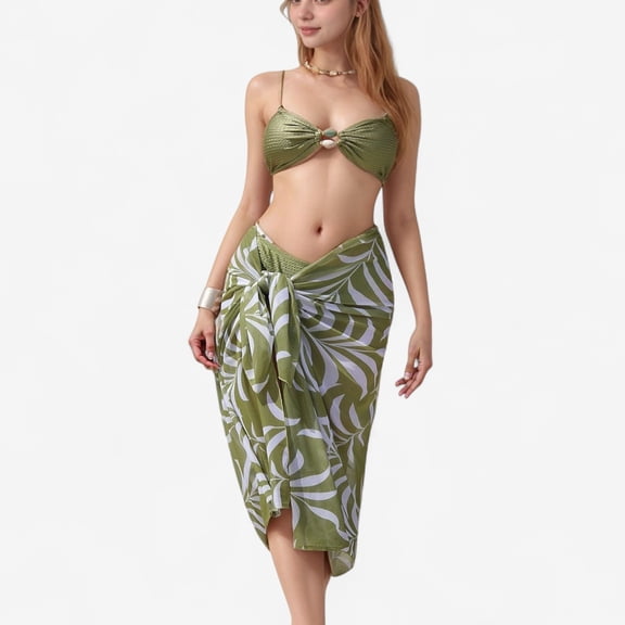 Women's Ring Front Bikini Top with Adjustable Straps and Tropical Leaf Print Sarong Cover-Up Skirt - Large, Green