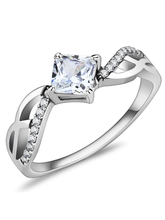 Women's Ring Wedding Princess Cut Stainless Steel Ring with AAA Grade CZ in Clear