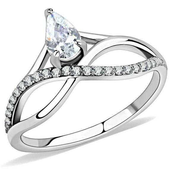 Women's Ring Wedding Teardrop Waves Stainless Steel Ring with AAA Grade CZ in Clear