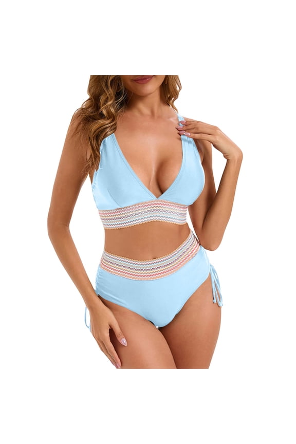 Women's Ringe Hem Bikini Set Halter Bandeau Tassels Skirted Two Piece High Waisted Swimwear Boho Beach Style