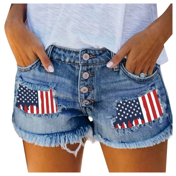 Women's Ripped American Flag Printed Denim Shorts High Waisted Frayed Hem Casual Jeans Shorts
